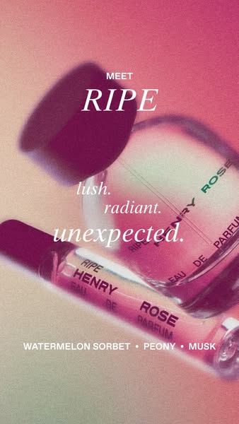This ad features a close up view of a Ripe Henry Rose perfume bottle and vial. The visual is styled in a gradient pink h