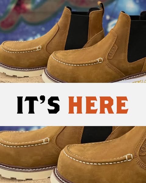 This image ad showcases a pair of Brunt work boots. The ad uses a split-screen effect to show the boots from slightly di