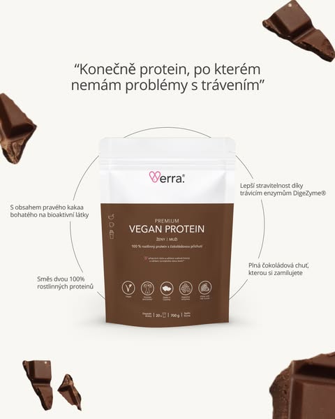 This ad features the brand Verra and their premium vegan protein. It includes a customer quote and highlights some of th