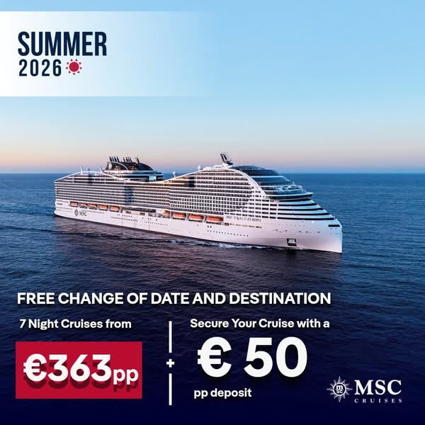 This image ad promotes MSC Cruises for the summer of 2026. The ad features a cruise ship at sea, and text that highlight