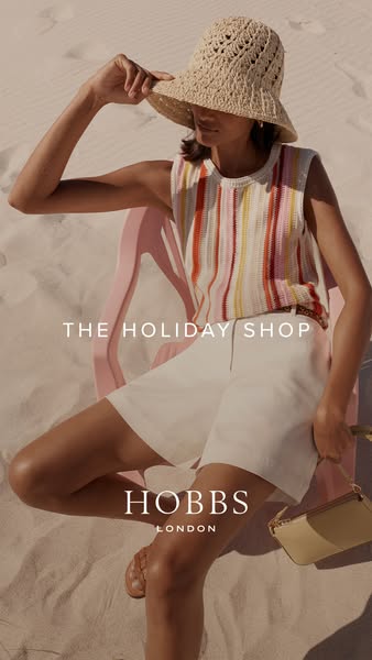 An image ad for Hobbs London's 'The Holiday Shop' collection, featuring a woman wearing a colorful knit tank