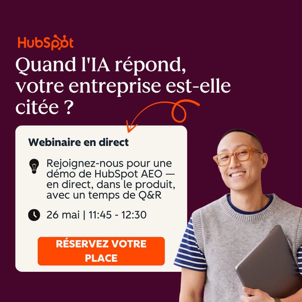 An ad for a HubSpot webinar about using IA (AI) in your business. The ad features a photo of a smiling man and is writte