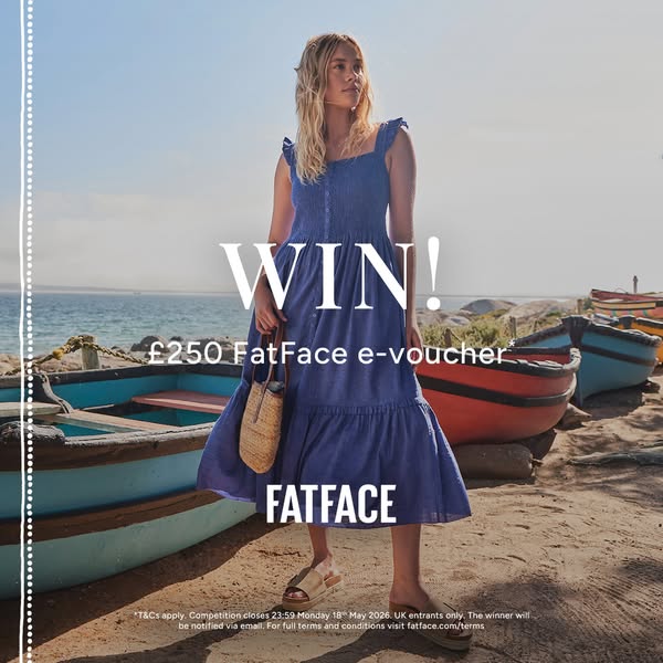 This image advertises a contest/giveaway for a £250 FatFace e-voucher. It shows a woman in a blue dress standing in fron