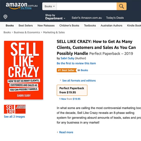 This ad is a screenshot of an Amazon product listing for the book "Sell Like Crazy" by Sabri Suby. It highligh