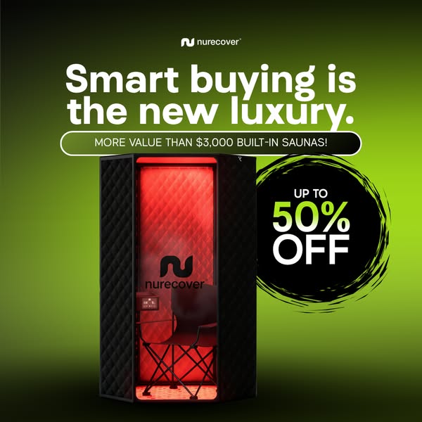 This ad promotes the Nurecover portable sauna as a smart buying choice, offering more value than built-in saunas with a 