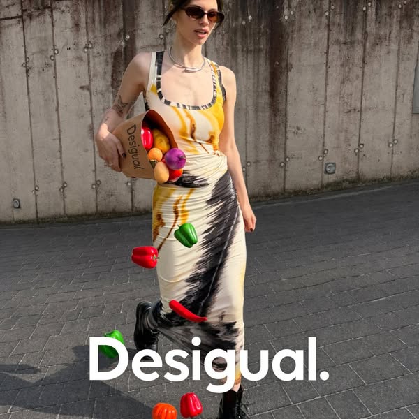 A woman is shown walking outside holding a Desigual paper bag filled with produce. Additional produce is shown falling a