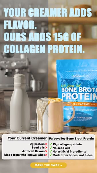 The ad compares a normal creamer to Paleovalley Bone Broth Protein. It highlights the added collagen protein and lack of
