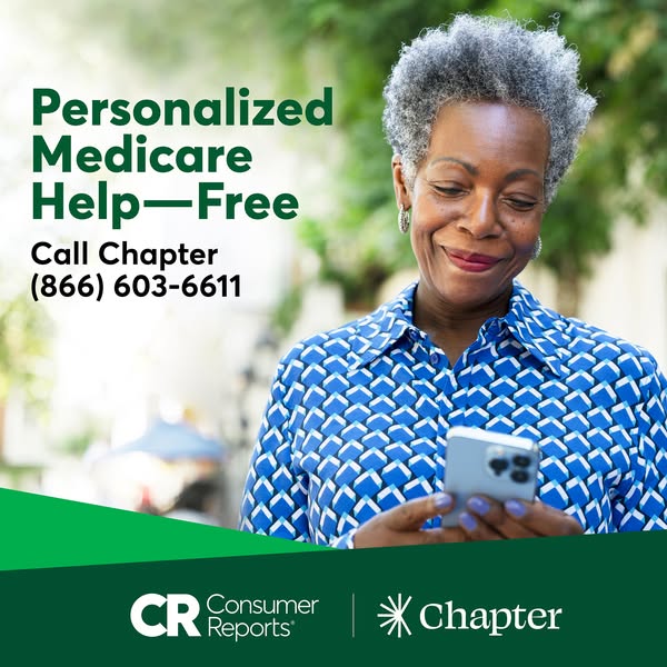 This ad promotes Chapter's Medicare assistance services. The ad features an older woman looking at her phone, with t