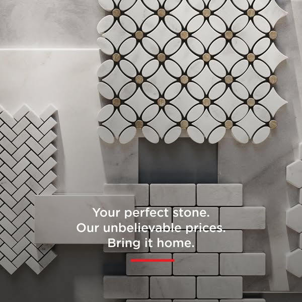 This image ad for a stone company highlights the company's extensive range of stone products and affordable pricing.