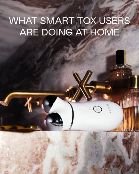The ad is for NuFACE microcurrent devices, showing one of the devices in a well-appointed bathroom. The ad targets consu