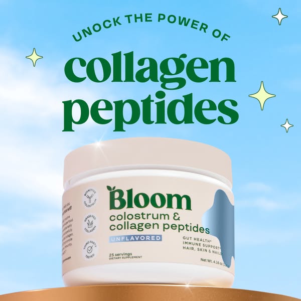 This ad showcases Bloom's colostrum & collagen peptides, highlighting the product's benefits for gut health,