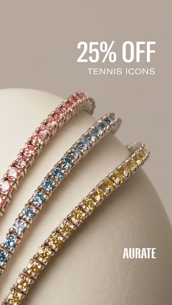 This image ad showcases three tennis bracelets in different colors from the brand Aurate. The ad highlights a 25% off pr