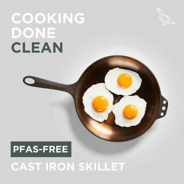 This is an image ad promoting a cast iron skillet that is PFAS-free. The skillet is shown with three fried eggs inside o