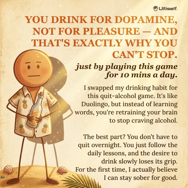This image ad uses a cartoon graphic and testimonial to promote a game that helps users quit drinking alcohol by retrain