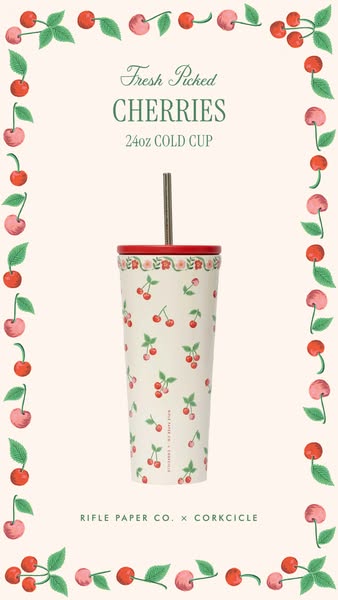 This ad features a 24oz cold cup designed with a cherry pattern. The cup is a collaboration between Rifle Paper Co. and 