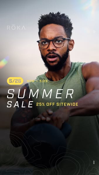 This image ad for ROKA promotes a Summer Sale, offering 25% off sitewide. The ad features a man working out with a kettl