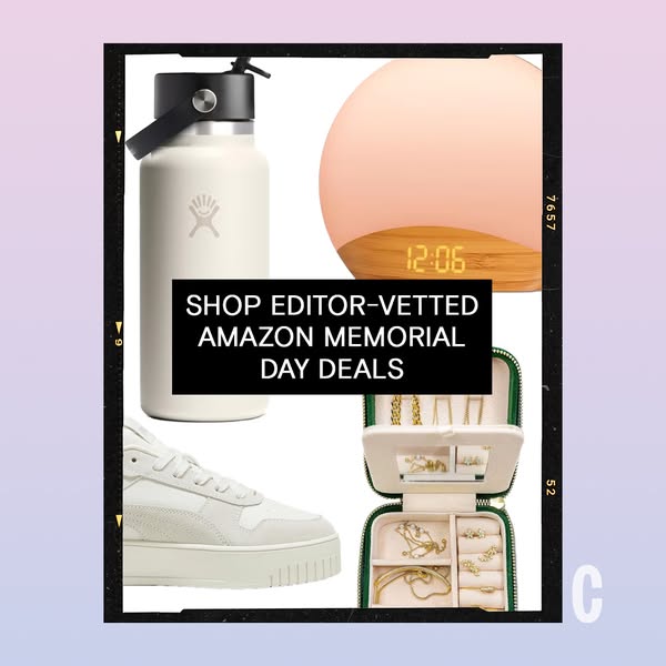 This ad promotes editor-vetted Amazon Memorial Day deals. It features a collage of products against a gradient backgroun