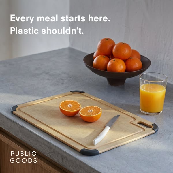 This ad by Public Goods showcases their non-plastic cutting board and their positioning around sustainably produced good