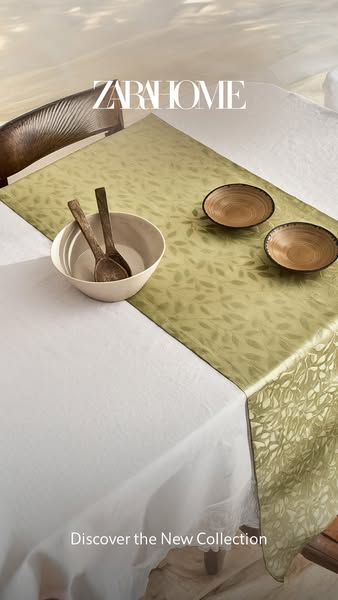 This ad showcases Zara Home's new collection of home goods, focusing on a table setting with a patterned table runne