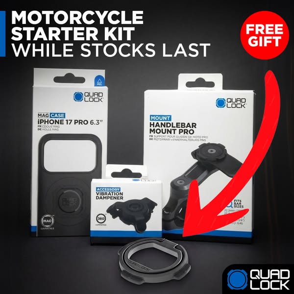 This image promotes a Quad Lock 'Motorcycle Starter Kit' available while stocks last, including a free gift. The