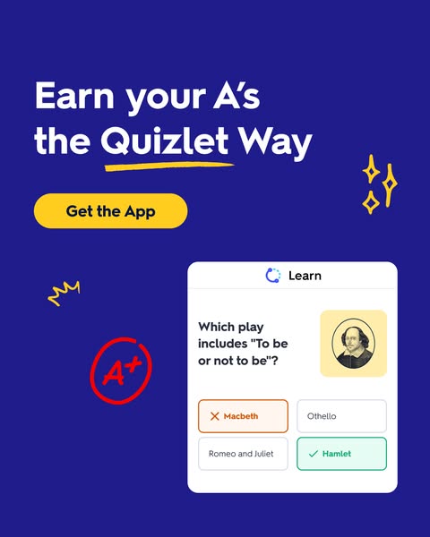 This ad is promoting the Quizlet app as a way to earn good grades. The ad uses a simple graphic of a quiz question from 