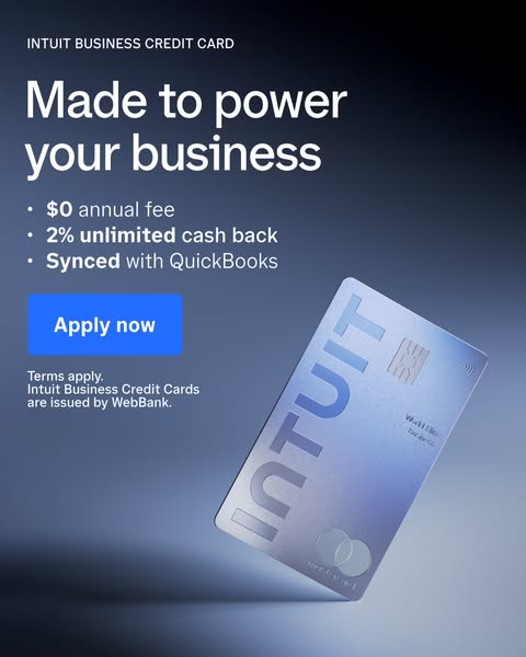 Ad for the Intuit Business Credit Card that offers a $0 annual fee, 2% unlimited cash back, and syncs with Quickbooks.