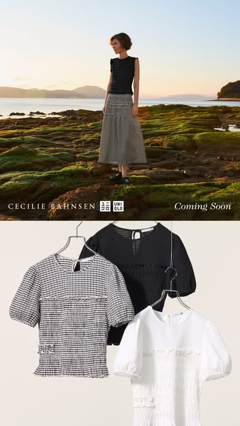 Ad for a collaboration between Cecile Bahnsen and Uniqlo. A woman stands on a rocky coastline, wearing clothing from the
