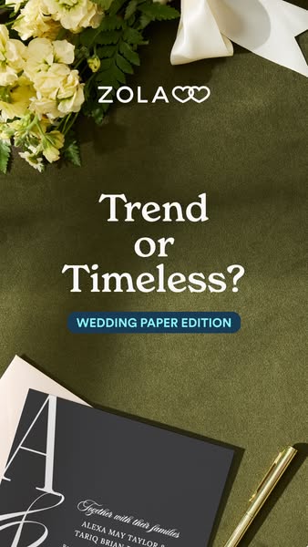 This image ad by Zola promotes their wedding paper goods. The ad asks the viewer if they would like a trendy or timeless