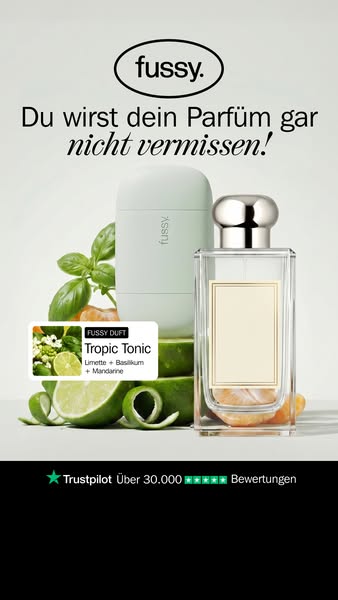 This ad showcases Fussy deodorant alongside a bottle of traditional perfume to demonstrate the brand's ability to re