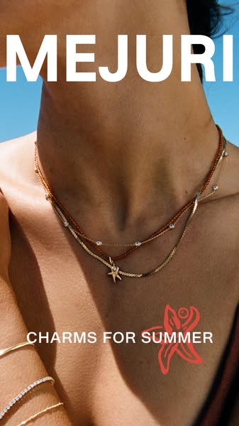 This ad is promoting Mejuri summer charms. The ad features a close-up shot of a woman's chest and neck wearing the n
