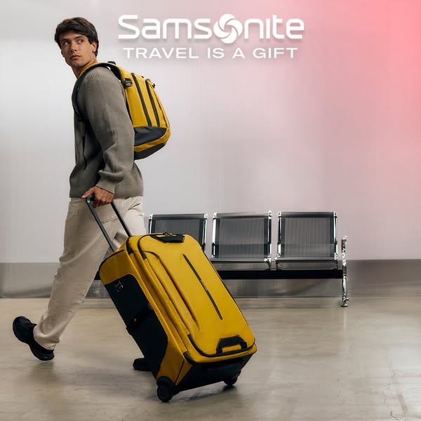 This ad showcases Samsonite luggage, including a rolling suitcase and backpack, in an airport setting. The ad emphasizes