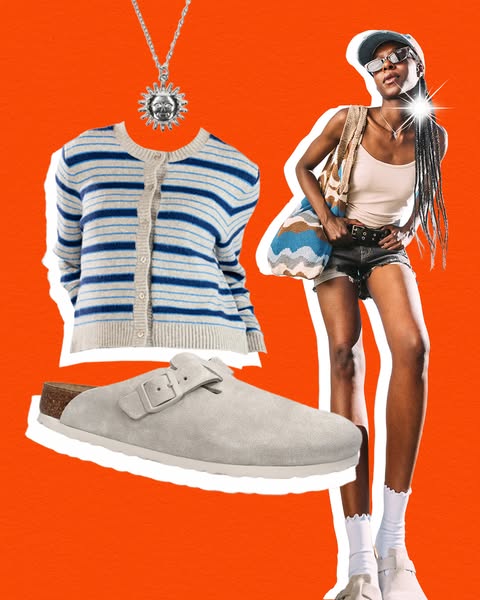 This image ad features a woman wearing a pair of beige buckle slip-on shoes with a knitted cardigan and sun pendant neck