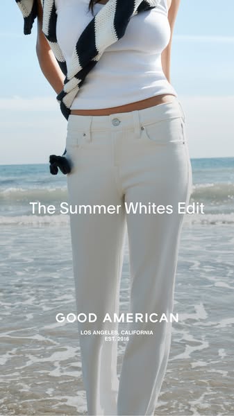 This ad for Good American showcases their white denim line. The ad features an image of a woman wearing white jeans from