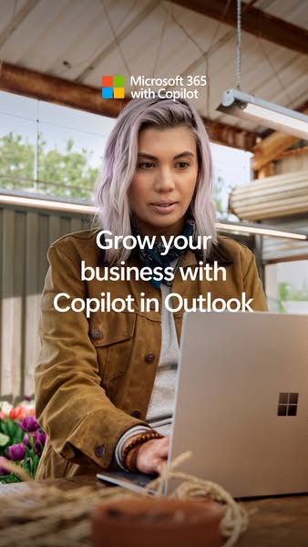 An image ad showing a woman working on a laptop. The ad promotes Microsoft 365 with Copilot in Outlook.