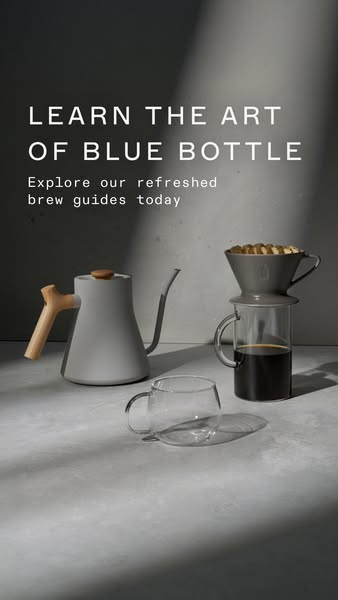 This ad promotes Blue Bottle Coffee by inviting viewers to explore their refreshed brew guides. The visual features a mi