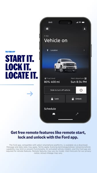 This ad promotes the Ford app and its remote features, such as remote start, lock, and unlock.