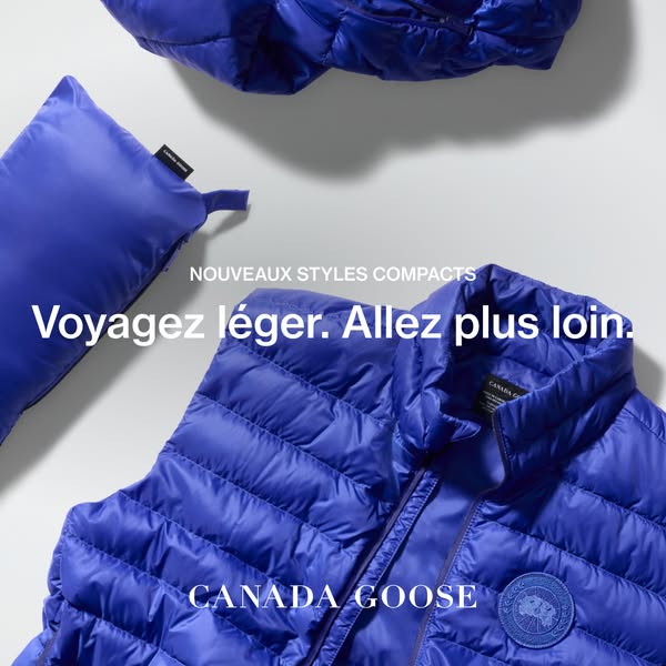 This image ad showcases Canada Goose's compact, lightweight apparel, emphasizing the brand's innovative design a