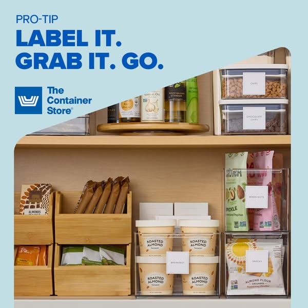This image ad by The Container Store shows a cabinet filled with food items in various clear storage containers. The lab