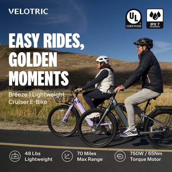 This ad for Velotric electric bikes features a couple riding their bikes on a paved path. The ad highlights the bike'