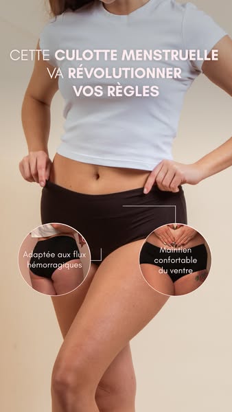 An image ad for period underwear. The ad features a model wearing the brand's period underwear, with two circular ca