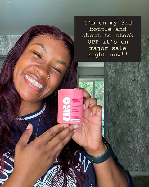 This ad features a woman holding a bottle of URO Vaginal Probiotic and sharing that she is on her third bottle and about