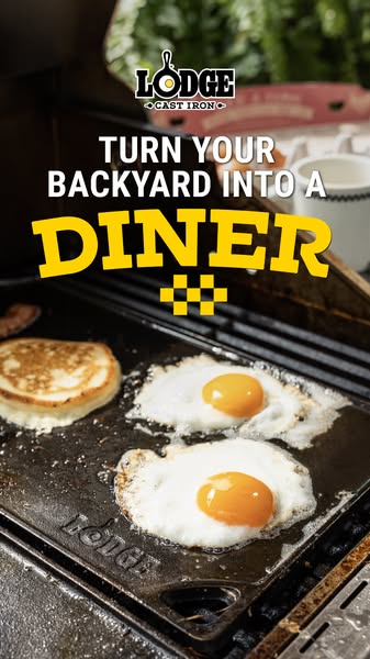This ad shows the Lodge Cast Iron griddle being used to cook breakfast outside. The product is shown in use with a few s