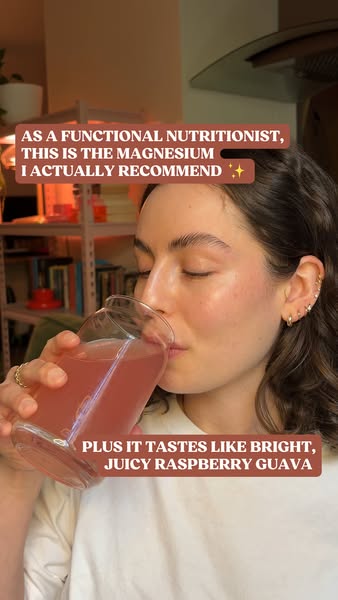 An image ad promoting a magnesium supplement. It features a woman, identified as a functional nutritionist, drinking a p