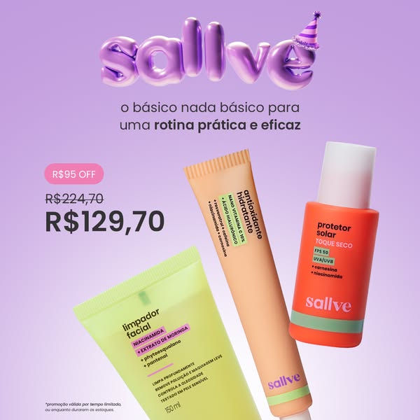 The ad showcases three Sallve skincare products: a facial cleanser, an antioxidant moisturizer, and a sunscreen. The ad 