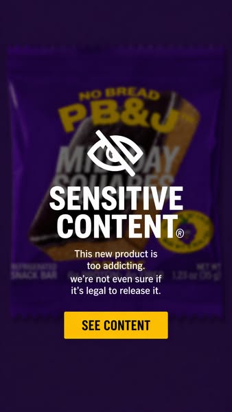 An ad for 'PB&J No Bread Monday Squares' snack bars employs a click-bait strategy by blocking out the image 