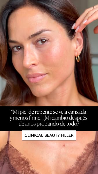 The ad features a woman sharing her experience with Clinical Beauty Filler. She mentions that her skin suddenly looked t