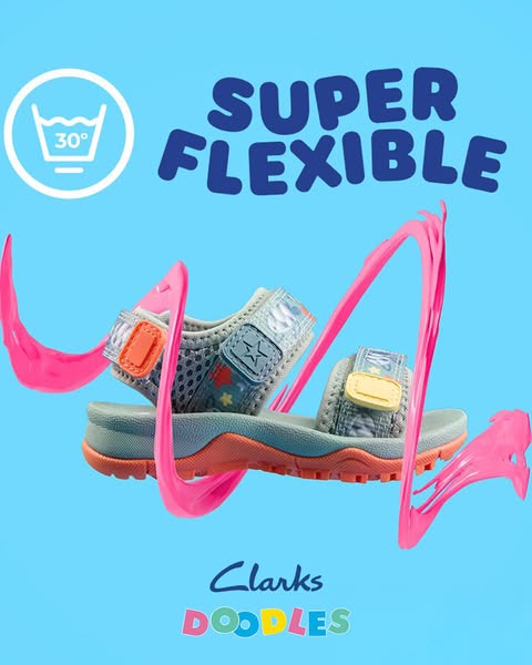 This ad for Clarks Doodles focuses on the flexibility and easy maintenance of the advertised sandal, particularly for ki