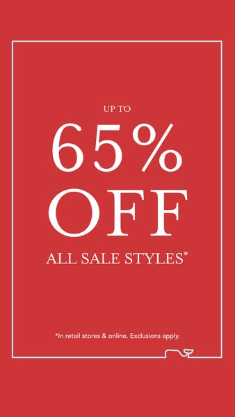 This ad promotes a sale event with savings of up to 65% off on all sale styles, available in retail stores and online, w