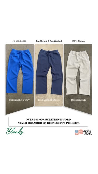 This image ad showcases sweatpants in three different colors, highlighting the product's composition, comfort, and e