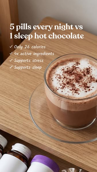The image ad compares sleep hot chocolate to taking pills to help you sleep. It claims the hot chocolate has fewer calor
